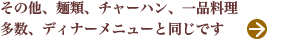 その他、麺類、チャーハン、一品料理 多数、ディナーメニューと同じです